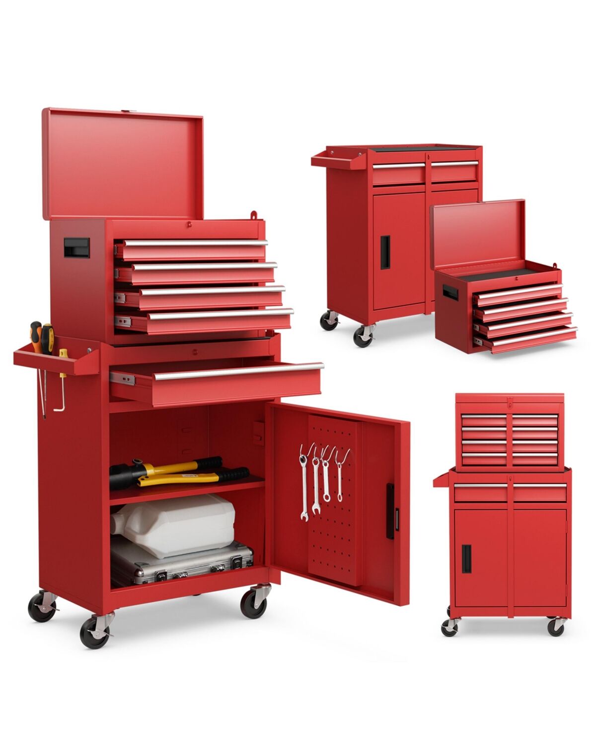 Costway 5-Drawer Rolling Tool Chest Cabinet Metal Tool Storage Box Lockable with Wheels - Red