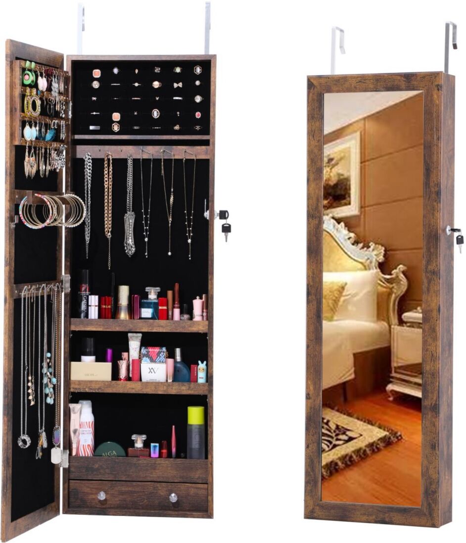 Simplie Fun Fashion Simple Jewelry Storage Mirror Cabinet Can Be Hung On The Door Or Wall - Brown