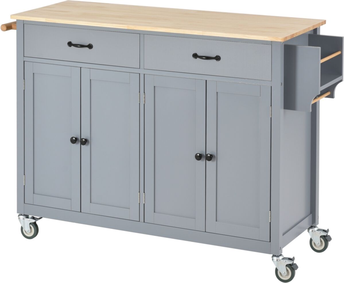 Simplie Fun Kitchen Island Cart with Solid Wood Top and Locking Wheels, 54.3 Inch Width, 4 Door Cabinet and Two Drawers, Spice Rack, Towel Rack (Grey Blue) - Blue