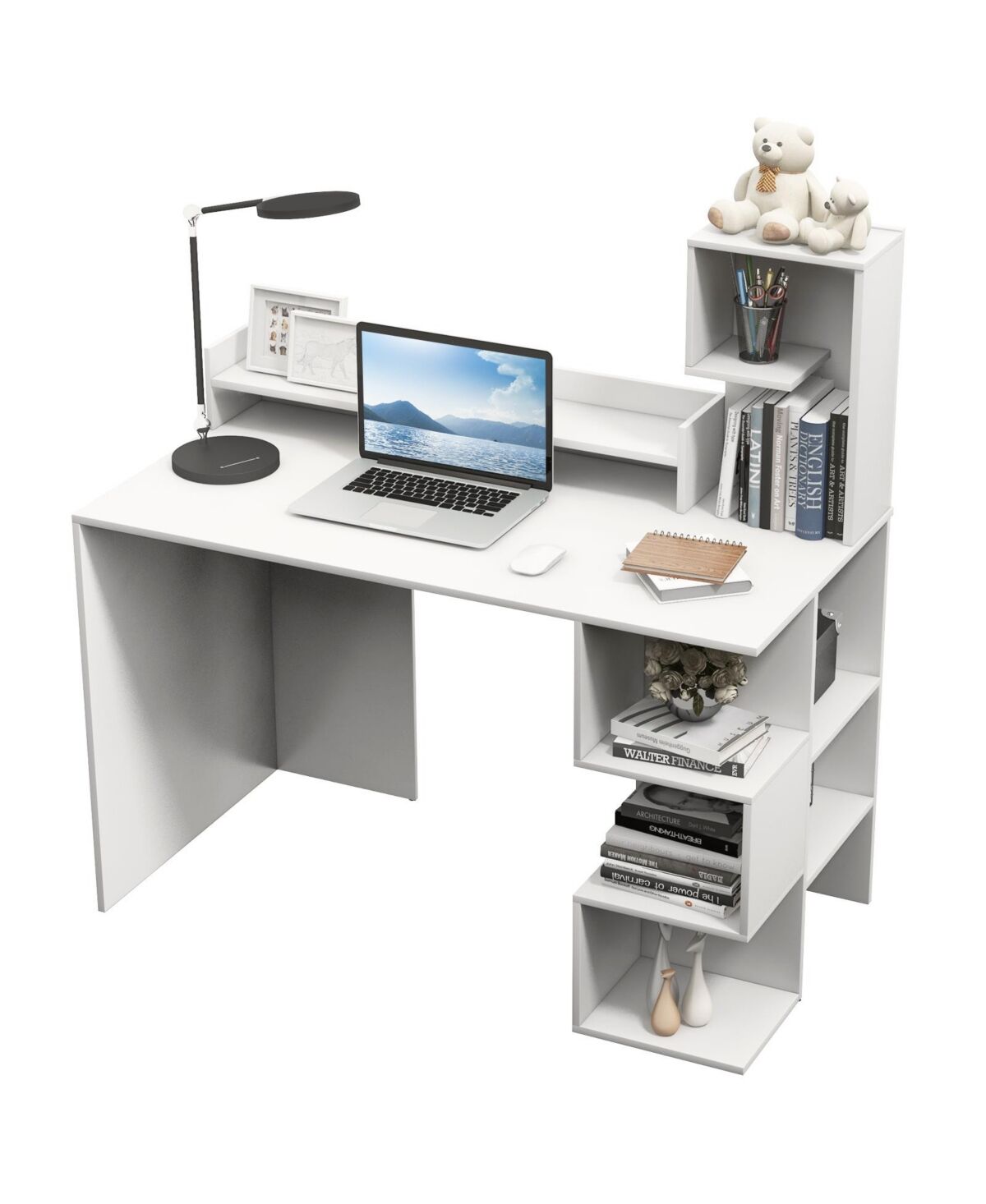 Slickblue Modern Computer Desk with Storage Bookshelf and Hutch for Home Office - White