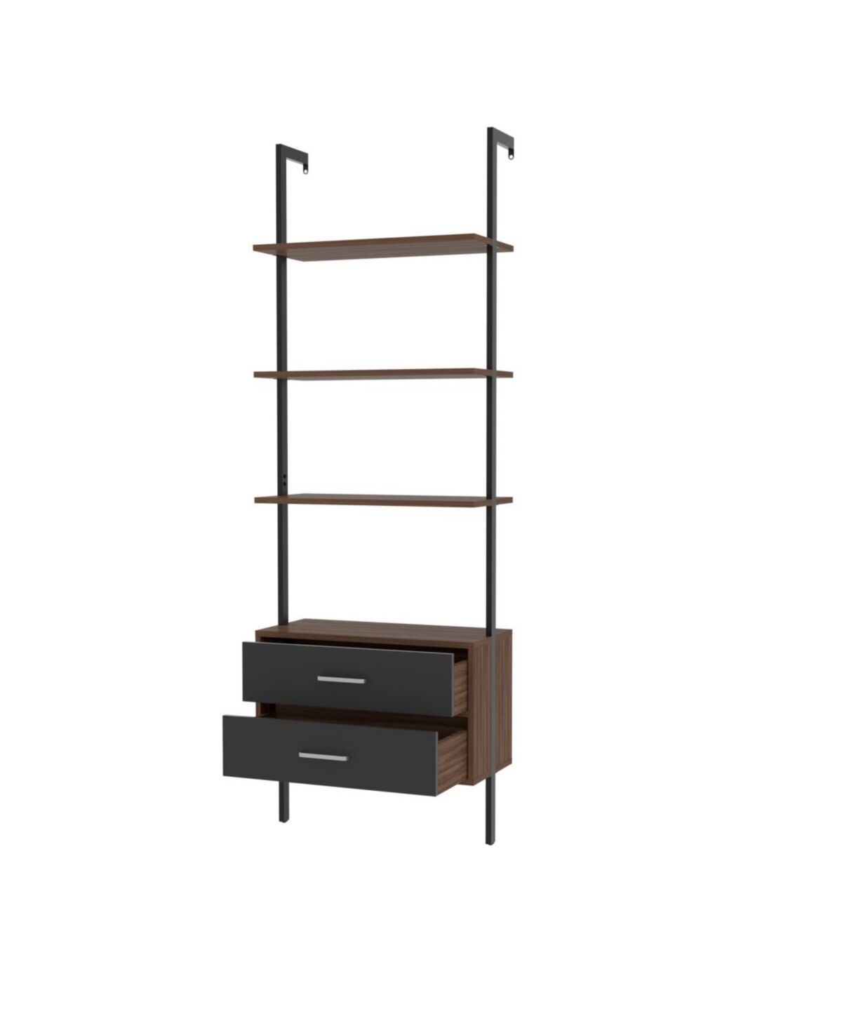Simplie Fun Ladder Bookcase, Vertical open space shelf with 2 drawers, office bookshelf wall mount required (walnut),provides storage for artwork, decorative figu