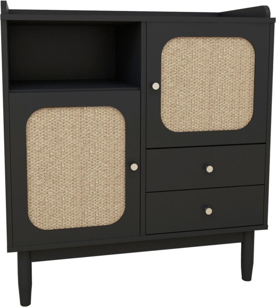 Simplie Fun Sideboard Cabinet Display Buffet Storage Cabinet with 2 Woven Cane Doors, 2 Drawers and 1 Storage Shelf-black - Black