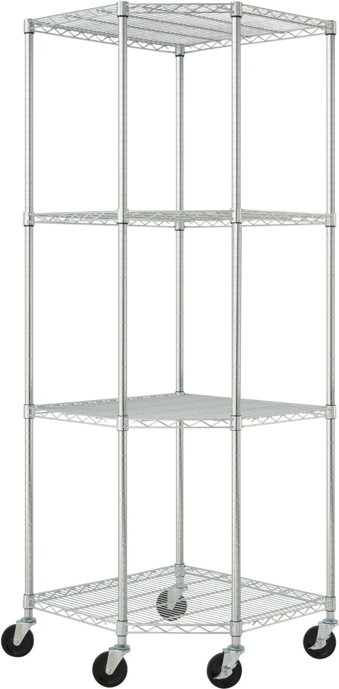 Trinity 4-Tier Corner Wire Shelving Rack Includes Wheels - Chrome