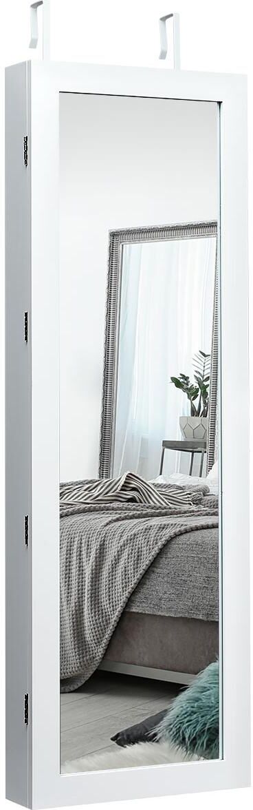 Costway Wall Mount Mirrored Jewelry Cabinet Organizer Led Lights - White