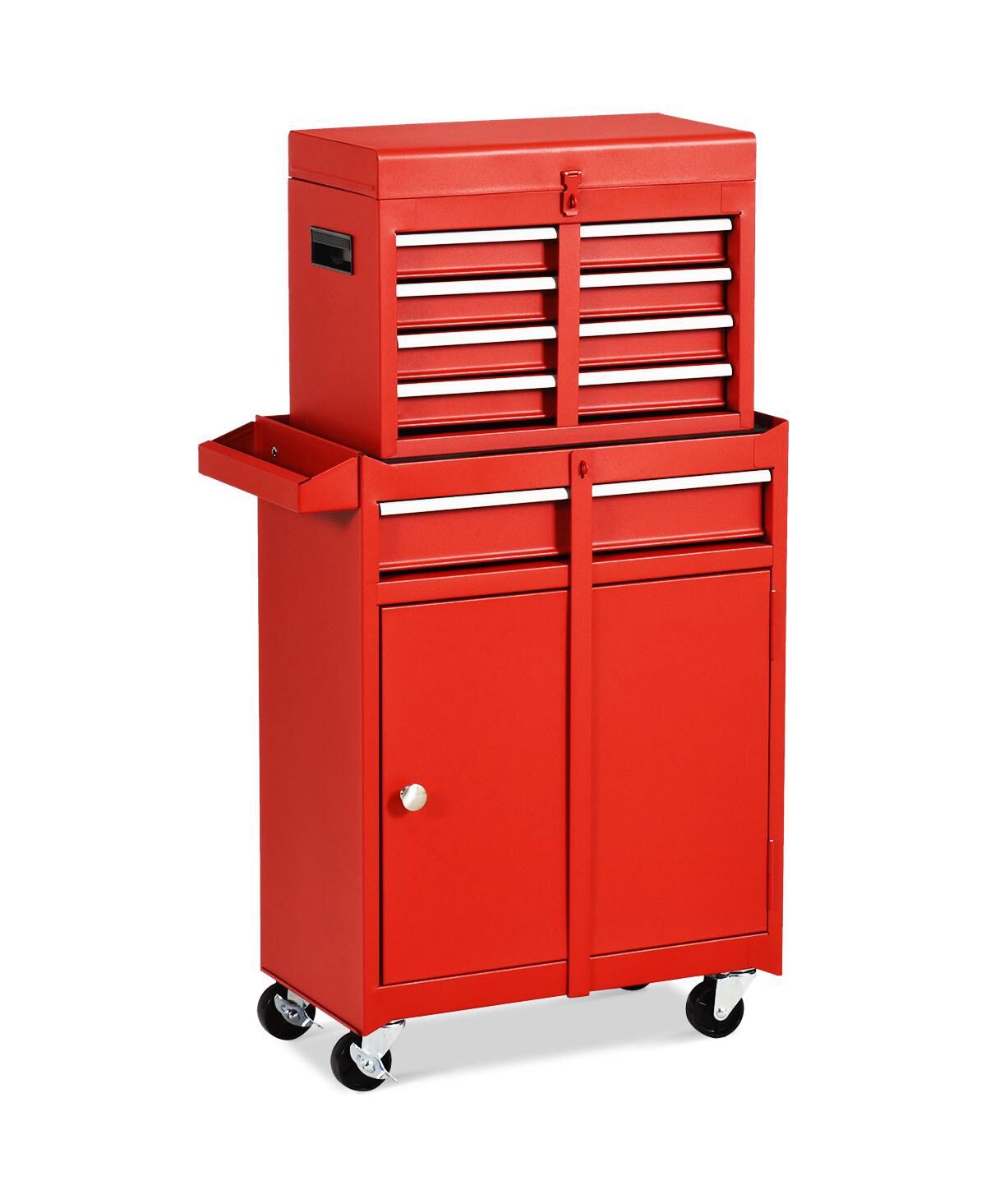 Costway 2 in 1 Tool Chest & Cabinet with 5 Sliding Drawers Rolling Garage Box Organizer - Red