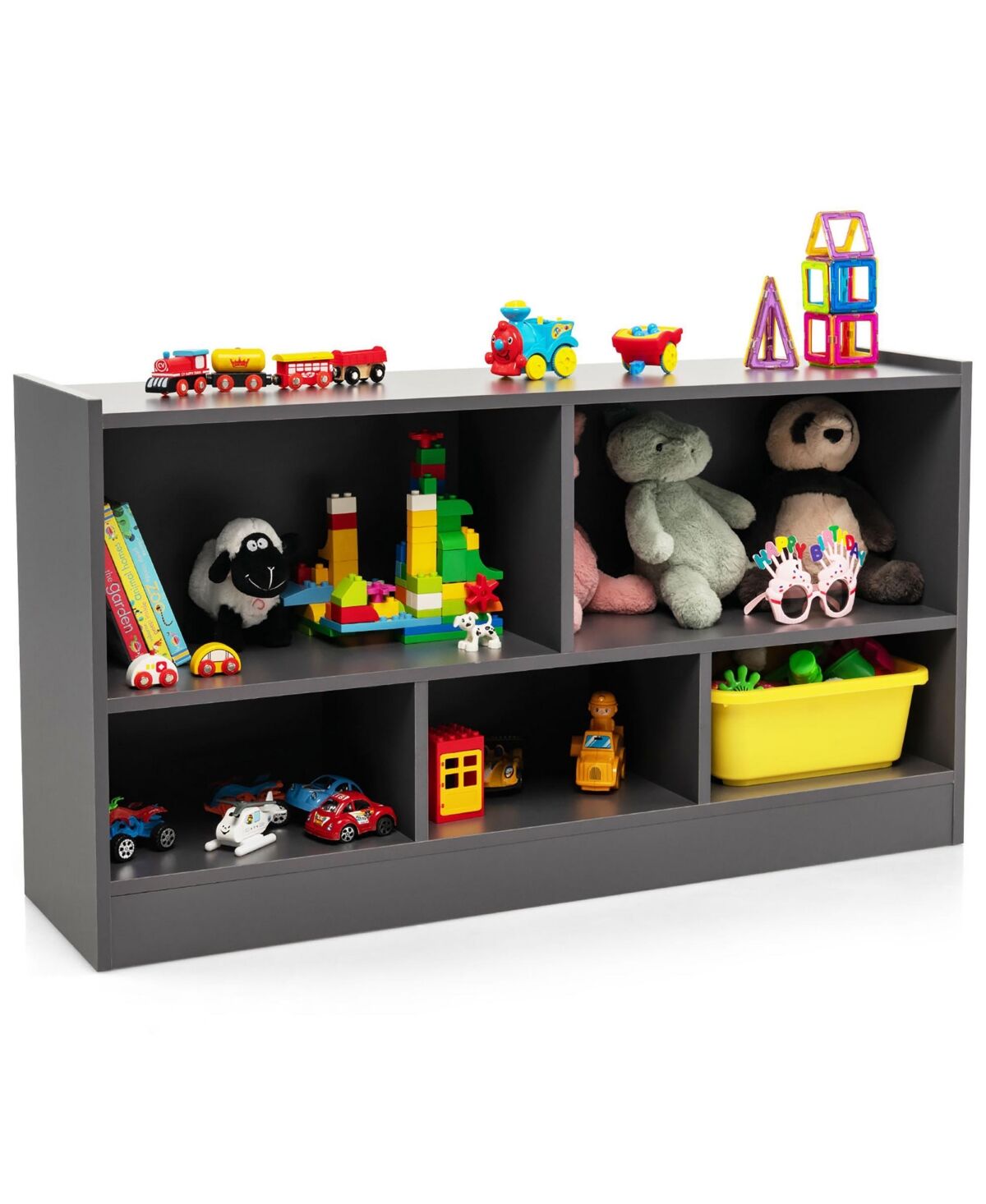 Costway Kids 2-Shelf Bookcase 5-Cube Wood Toy Storage Cabinet Organizer - Grey