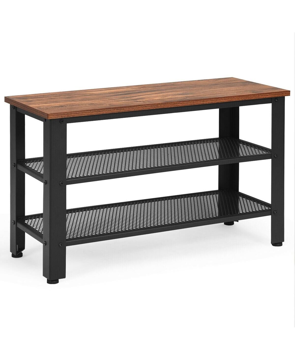 Slickblue 3-Tier Shoe Rack Industrial Shoe Bench with Storage Shelves - Brown