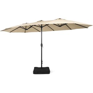 Costway 15FT Double-Sided Twin Patio Umbrella Outdoor Market W/ Crank & Base - Beige/khaki