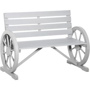 Outsunny Wooden Wagon Wheel Bench, Rustic Outdoor Patio Furniture, 2-Person Seat Bench with Backrest, Light Grey - Charcoal grey