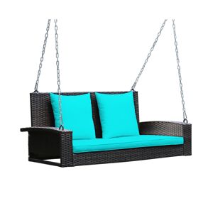 Costway 2-Person Patio Rattan Hanging Porch Swing Bench Chair Cushion - Turquoise/Aqua