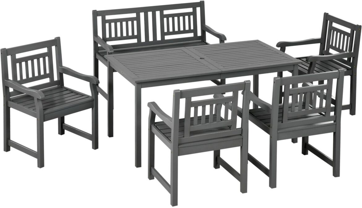 Outsunny Patio Dining Set for 6, 6 Piece Outdoor Furniture, Table and Chairs, Loveseat, Slatted, Armrests, Dark Gray - Dark gray