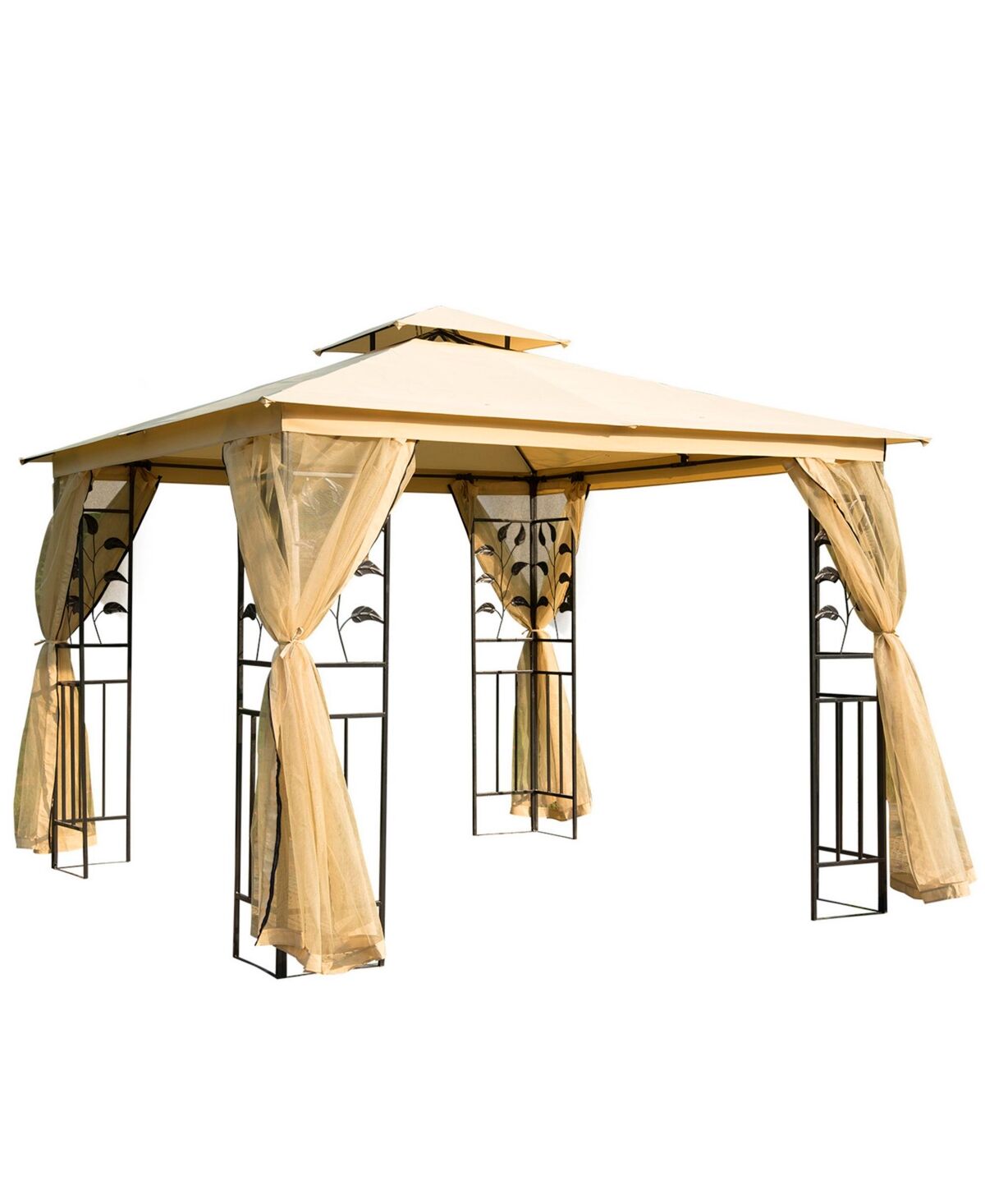Outsunny 10' x 10' Outdoor Patio Gazebo Canopy with 2-Tier Polyester Roof, Mesh Netting Sidewalls, and Steel Frame Beige - Beige/khaki