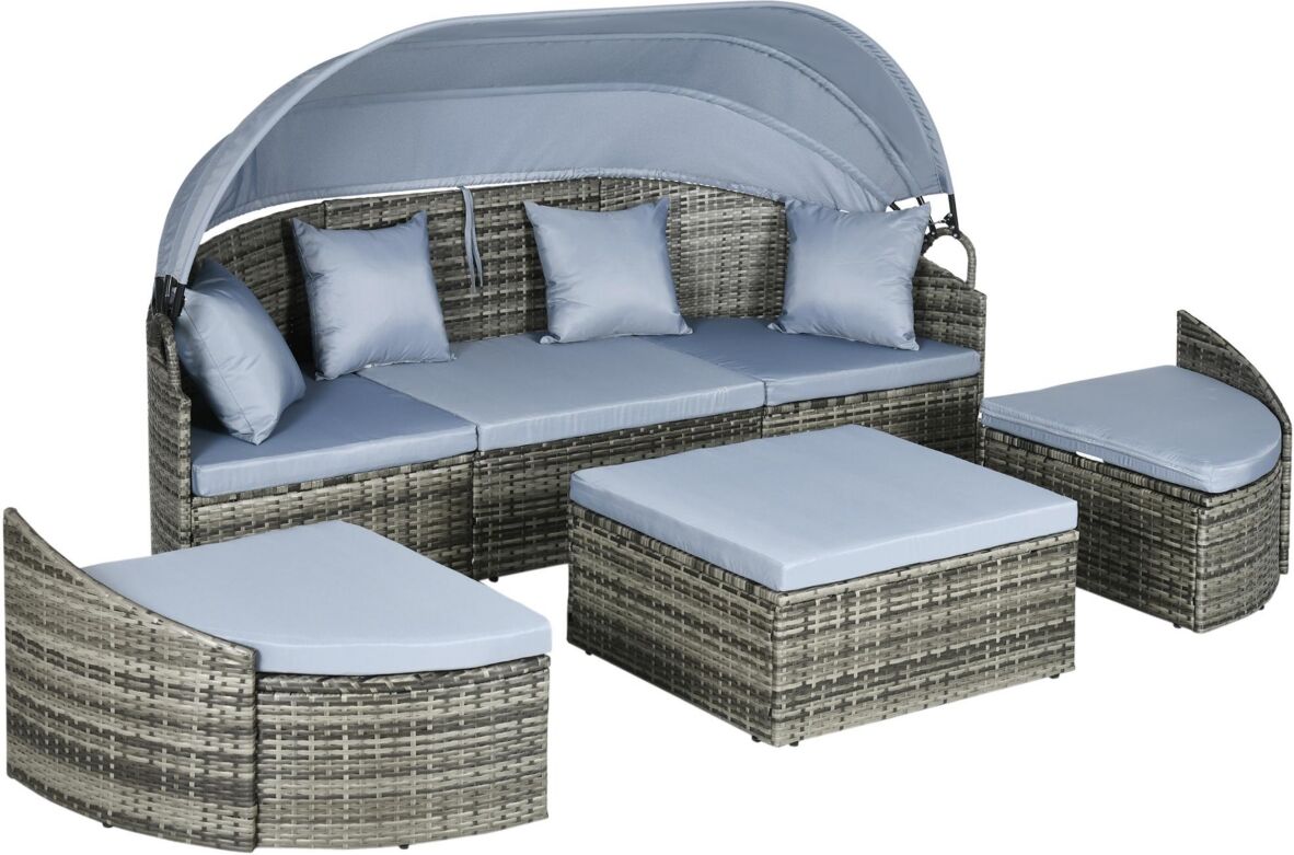 Outsunny 4-Piece Outdoor Rattan Furniture Set, Round Convertible Patio Daybed or Sunbed, Sectional Sofa with Canopy, Pillows, Cushions, Footrest, Tabl