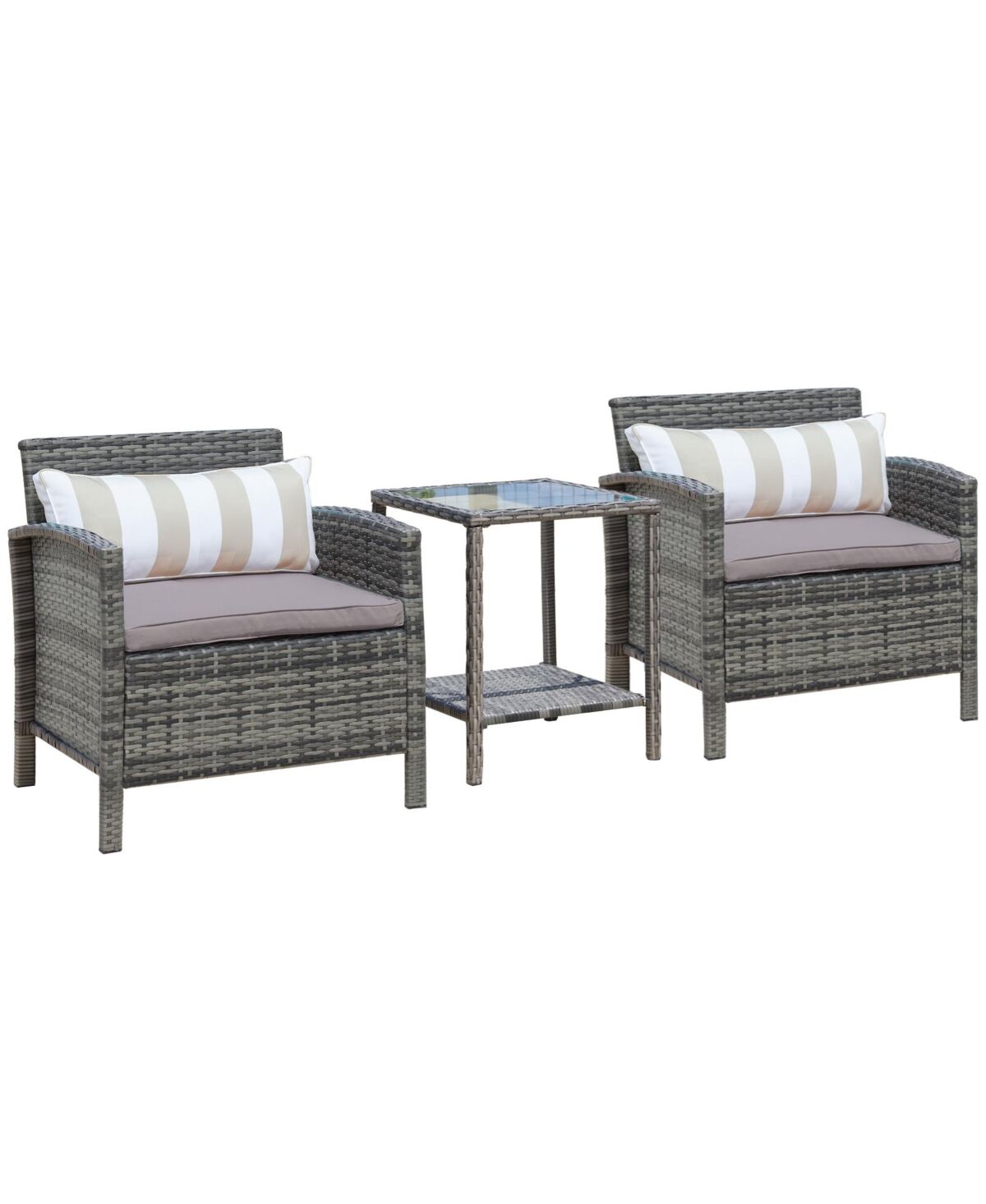 Outsunny Patio Porch Furniture Set 3 Piece Pe Rattan Wicker Chairs with 2-Tier Shelf Table, Arm Rests, Cushions, Pillows, Tempered Glass Tabletop, Con