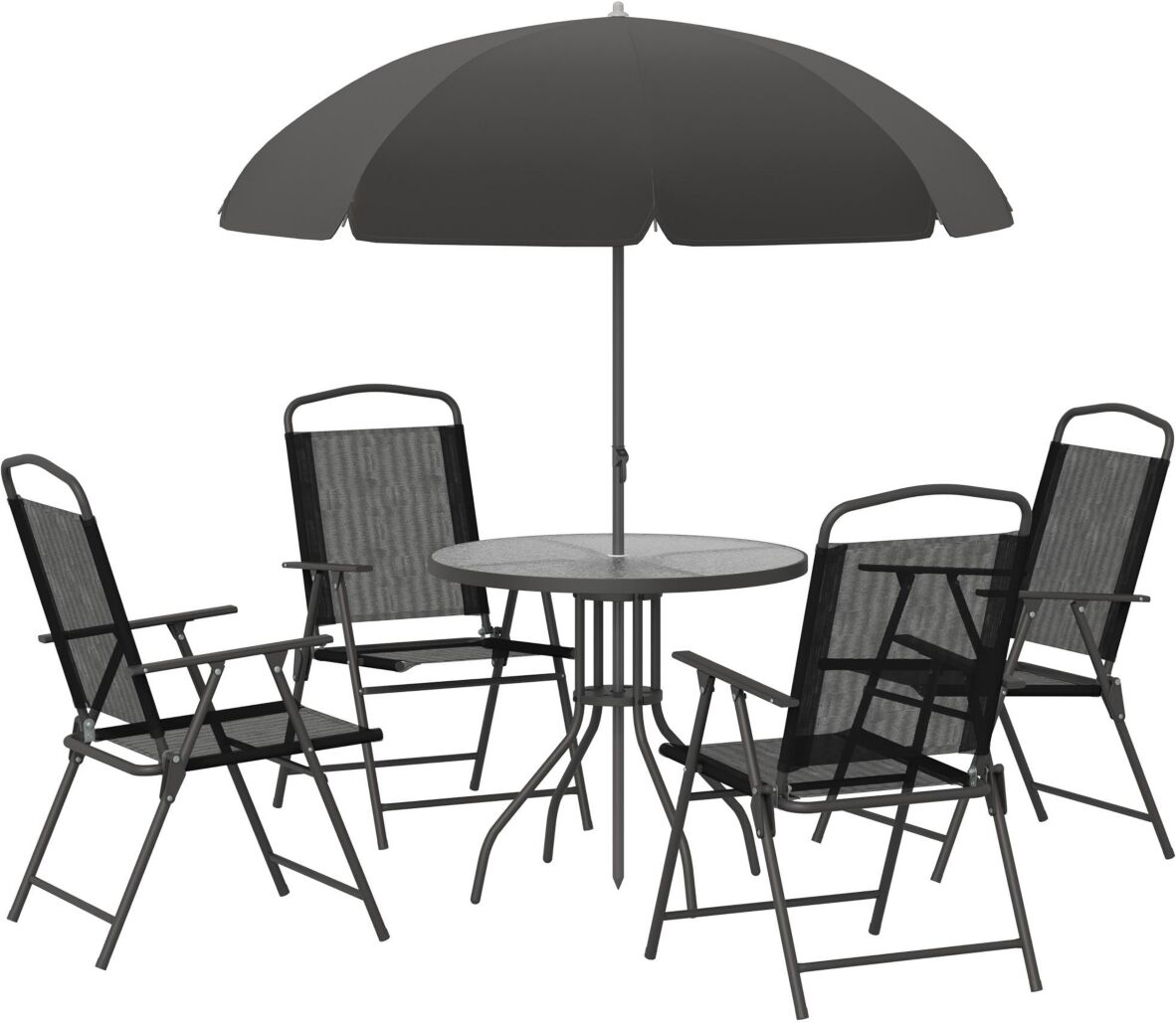 Outsunny 6 Piece Patio Dining Set for 4 with Umbrella, 4 Folding Dining Chairs & Round Glass Table for Garden, Backyard and Poolside, Black - Black