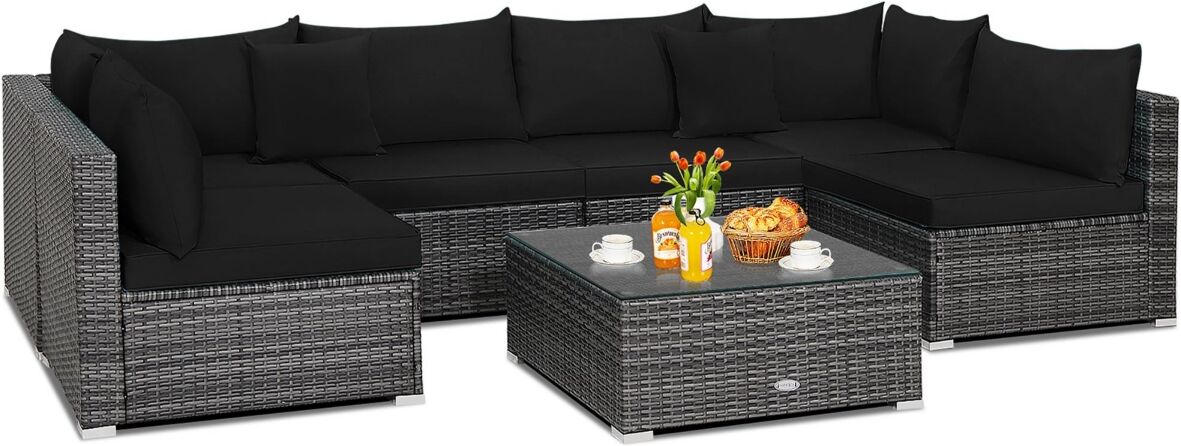 Costway 7PCS Patio Rattan Furniture Set Sectional Sofa Cushioned Garden - Black