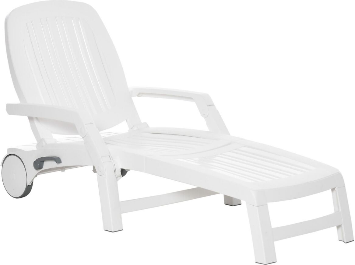 Outsunny Folding Chaise Lounge Chair on Wheels with Storage Box, Lightweight Plastic Sun Recliner with 5 Position Backrest for Beach & Pool, White - W