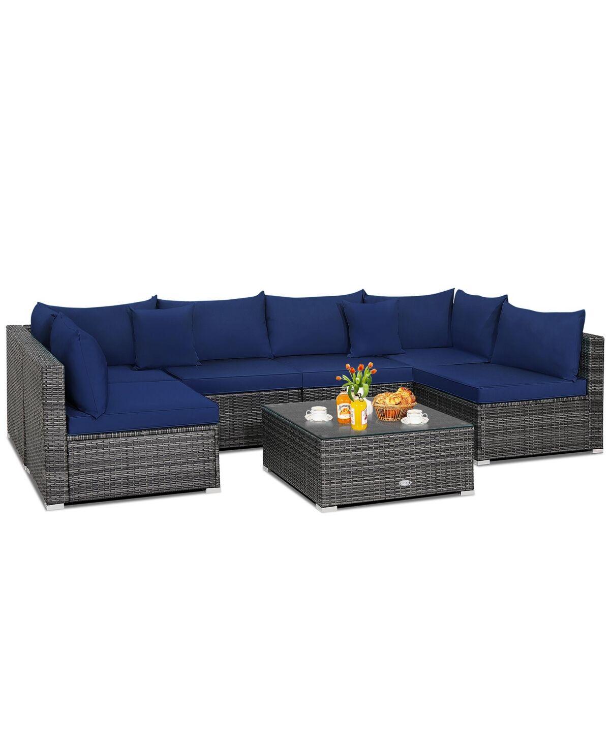 Costway 7PCS Patio Rattan Furniture Set Sectional Sofa Cushioned Garden - Navy