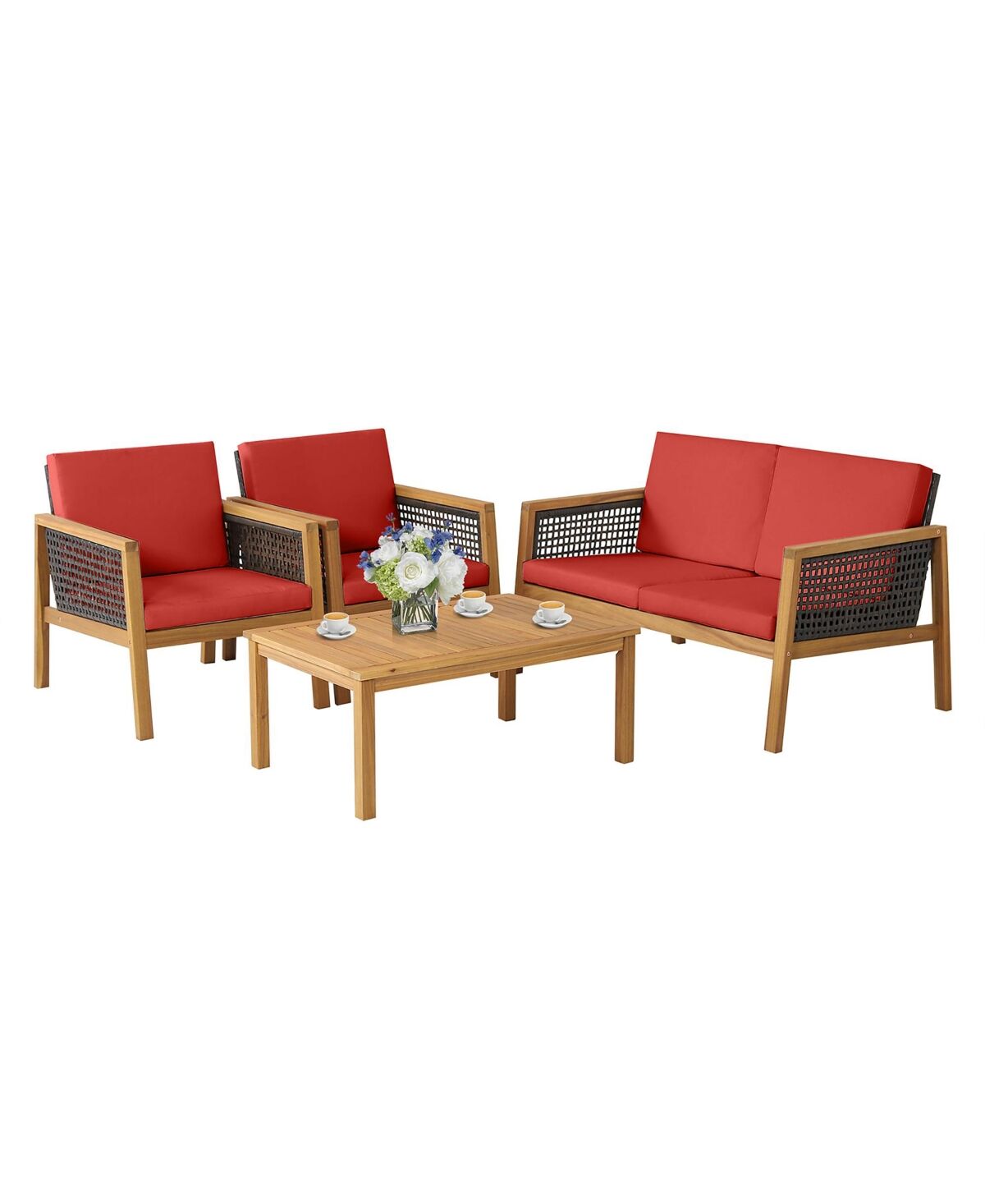 Costway 4PCS Patio Rattan Furniture Set Acacia Wood Cushioned Sofa - Red