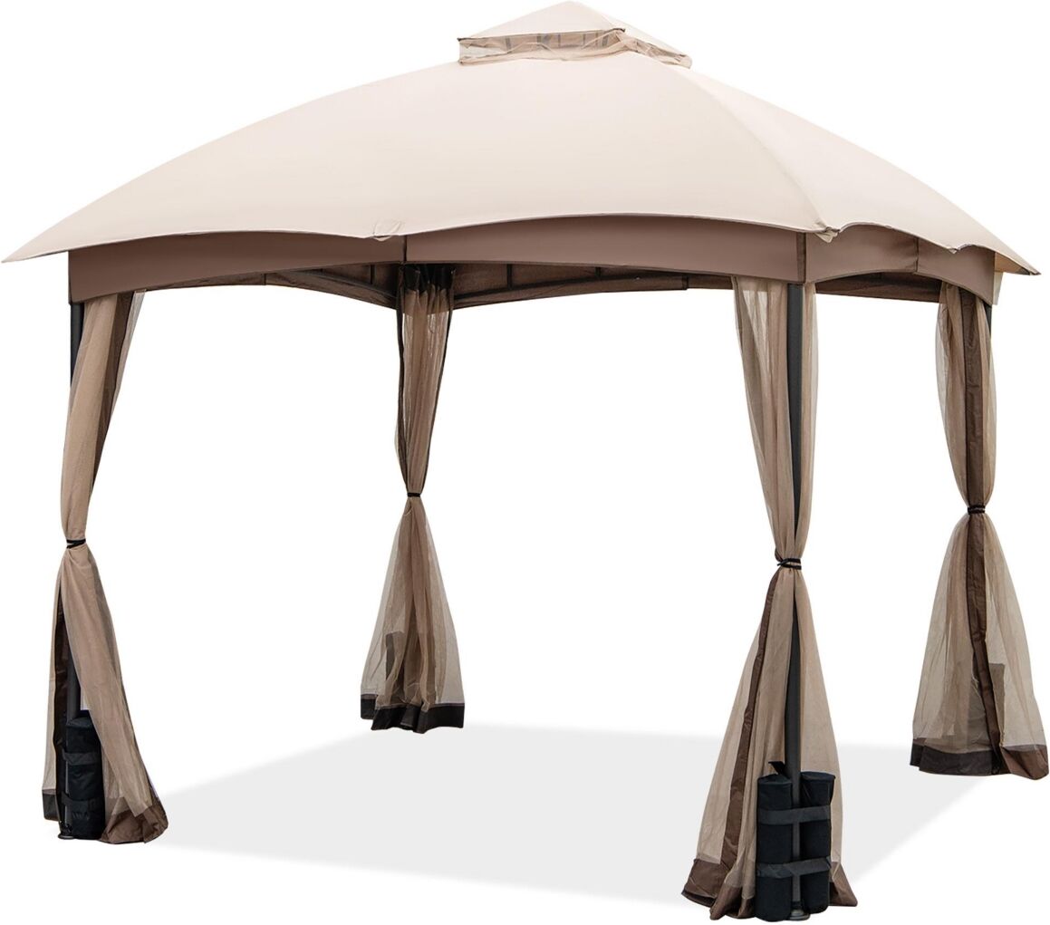 Costway 10x10 Ft 2-Tier Patio Gazebo Canopy Netting Heavy-Duty Metal Easy-Setup Outdoor - Beige