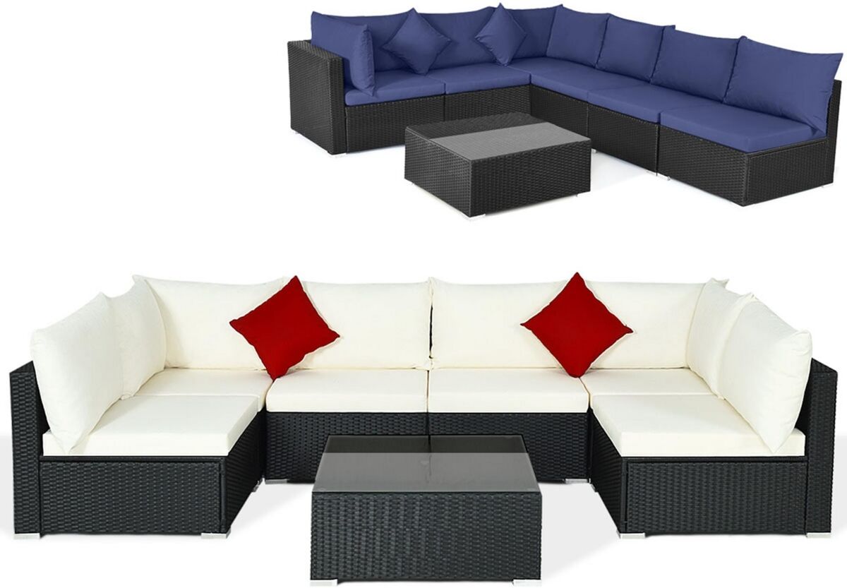 Costway 7PCS Patio Rattan Furniture Set Sectional Sofas Cushion Covers - Navy