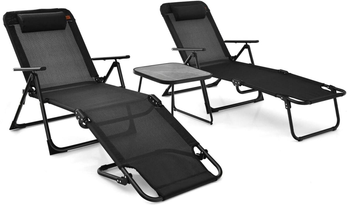 Costway 3pcs Patio Folding Chaise Lounge Chair Pvc Tabletop Set Outdoor Portable Beach - Black