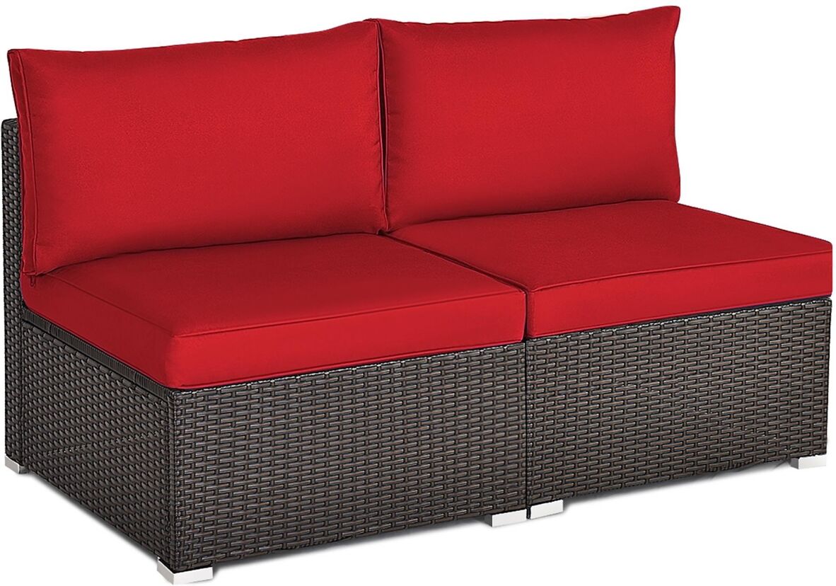 Costway 2PCS Patio Rattan Armless Sofa Sectional Conversation Furniture Set W/Cushion - Red