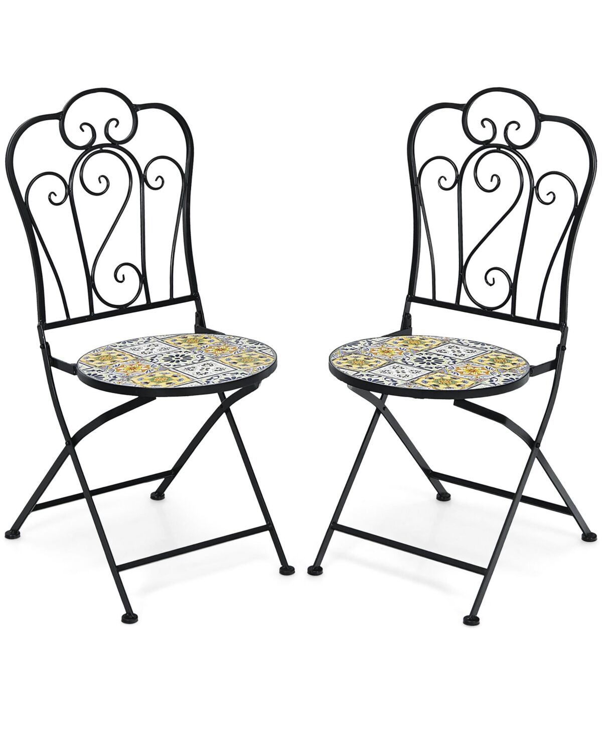 Costway 2PCS Patio Folding Mosaic Bistro Chairs Flower Pattern Seat Garden Deck - Black