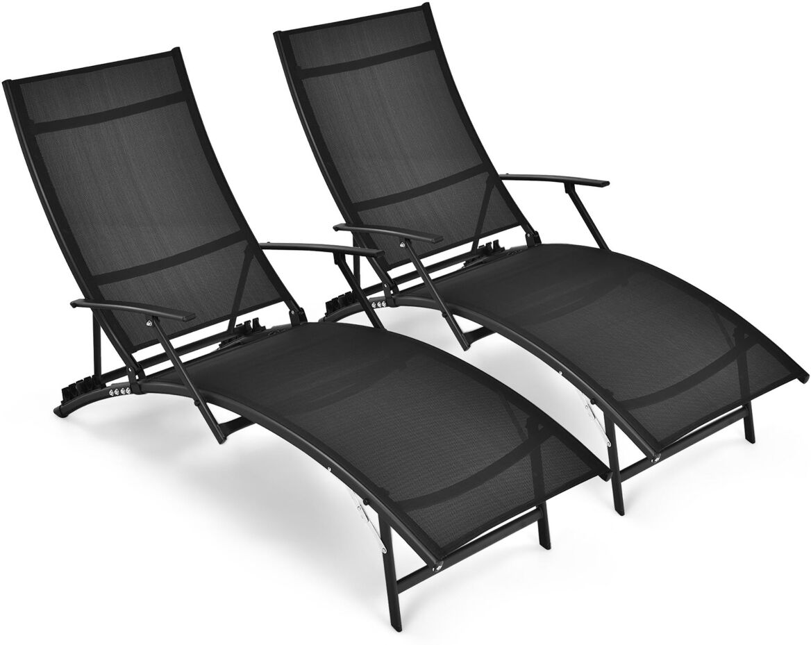 Costway 2PCS Patio Folding Lounge Chair Chaise Recliner Adjustable Stackable W/Armrest - Black