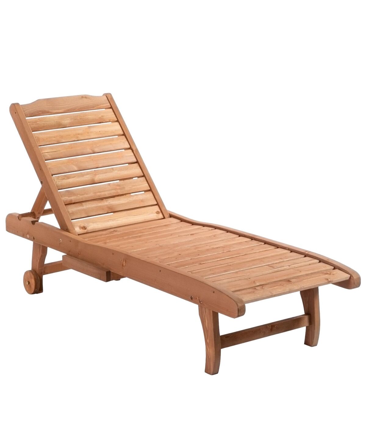 Outsunny Outdoor Sun Lounger, Wooden Chaise Lounge Chair with 3-Position Backrest, Pull-Out Tray & Wheels, for Beach, Poolside and Patio - Brown red