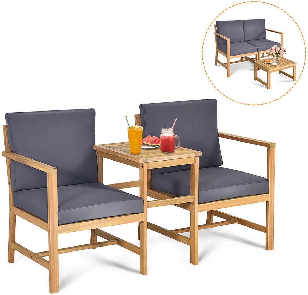 Costway 3 in 1 Patio Table Chairs Set Solid Wood Garden Furniture - Natural