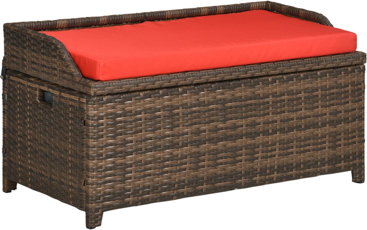 Outsunny Patio Wicker Storage Bench, Cushioned Outdoor Pe Rattan Patio Furniture, Air Strut Assisted Easy Open, Two-In-One Seat Box with Handles Seat,