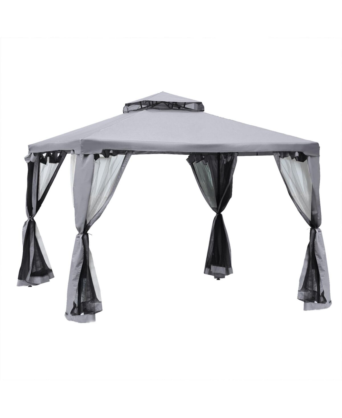 Outsunny 10' x 10' Patio Gazebo Outdoor Canopy Shelter with 2-Tier Roof and Netting, Steel Frame for Garden, Lawn, Backyard and Deck, Grey - Grey