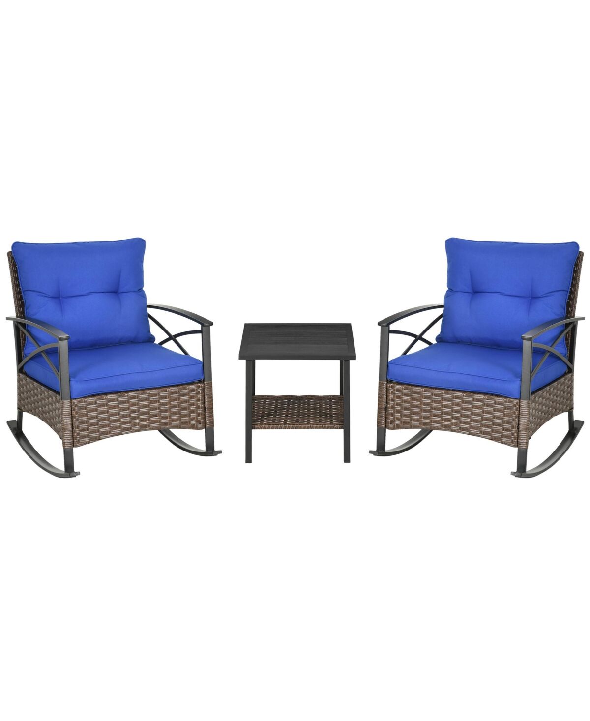 Outsunny 3 Piece Rocking Wicker Bistro Set, Outdoor Patio Furniture Set with two Porch Rocker Chairs, Cushions, Two-Tier Coffee Table for Garden, Back