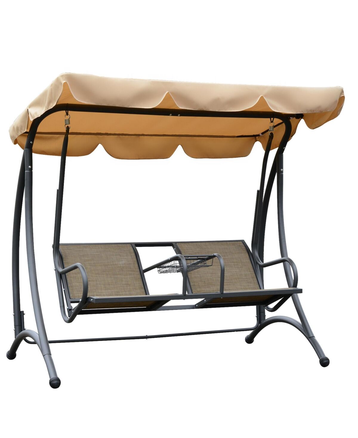 Outsunny 2-Person Outdoor Swing, Patio Swing Bench with Adjustable Tilt Canopy, Cup Holder and Storage Tray, Steel Frame, Brown - Brown