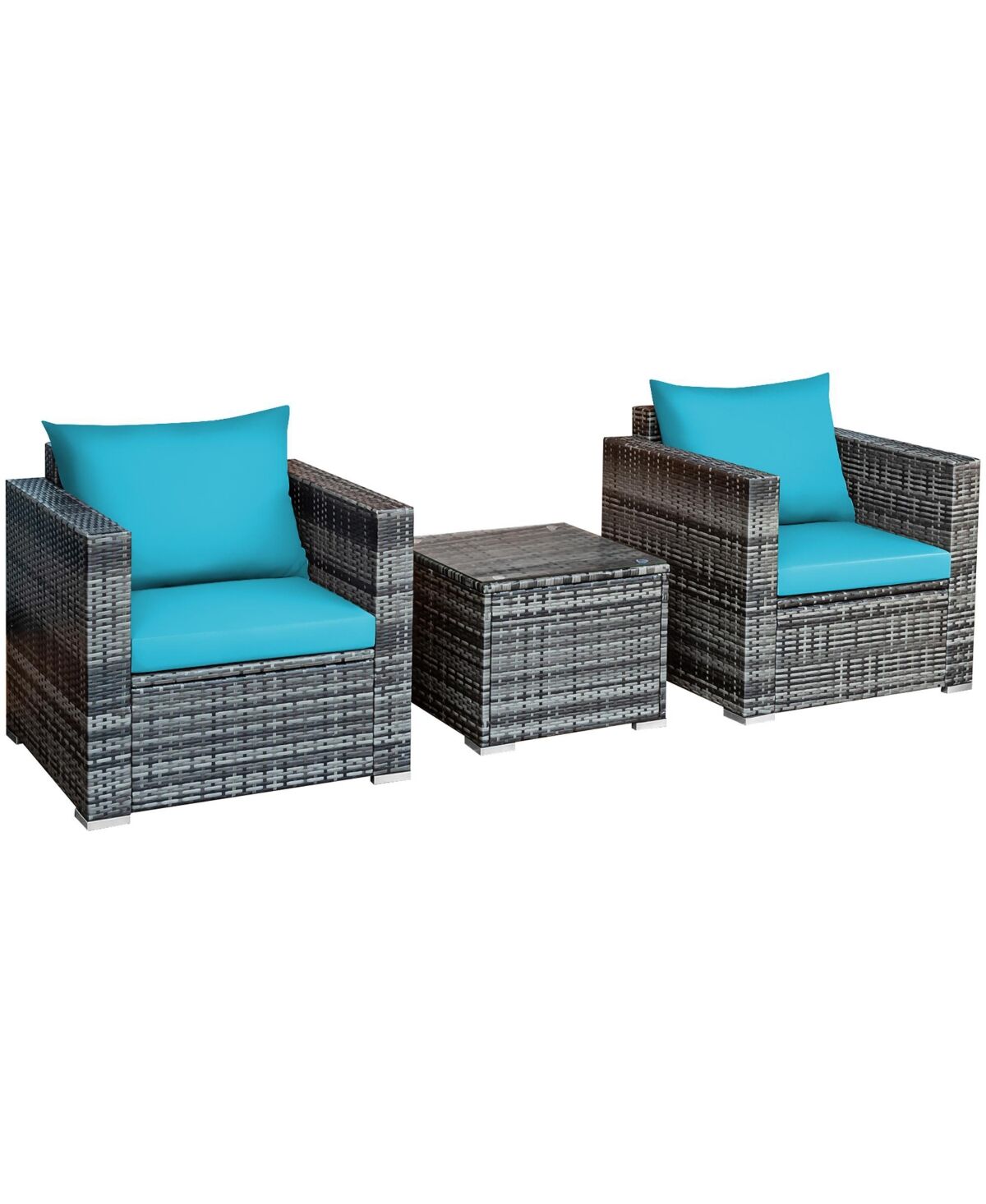 Costway 3 Pc Patio Rattan Furniture Bistro Set Cushioned Sofa Chair Table - Blue