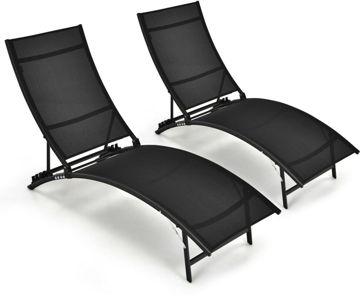 Sugift 2 Pieces Patio Folding and Stackable Chaise Lounge Chair with 5-Position Adjustment-Black - Black