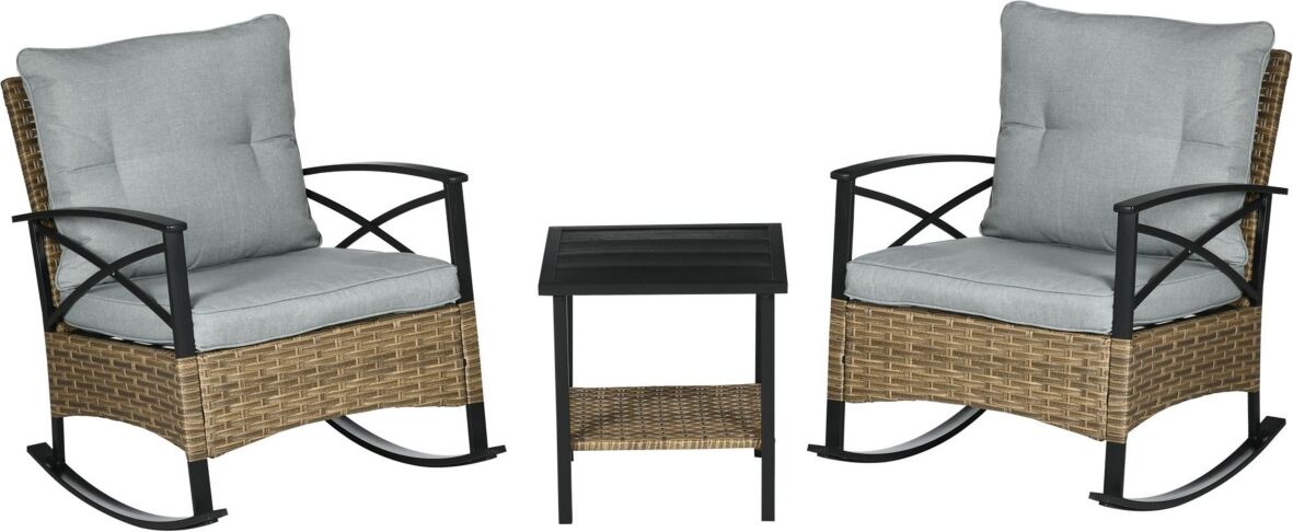 Outsunny 3 Piece Rocking Wicker Bistro Set, Outdoor Patio Furniture Set with two Porch Rocker Chairs, Cushions, Two-Tier Coffee Table for Garden, Back