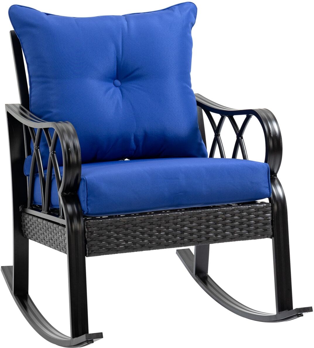 Outsunny Outdoor Wicker Rocking Chair with Padded Cushions, Aluminum Furniture Rattan Porch Rocker Chair w/ Armrest for Garden, Patio, and Backyard, B