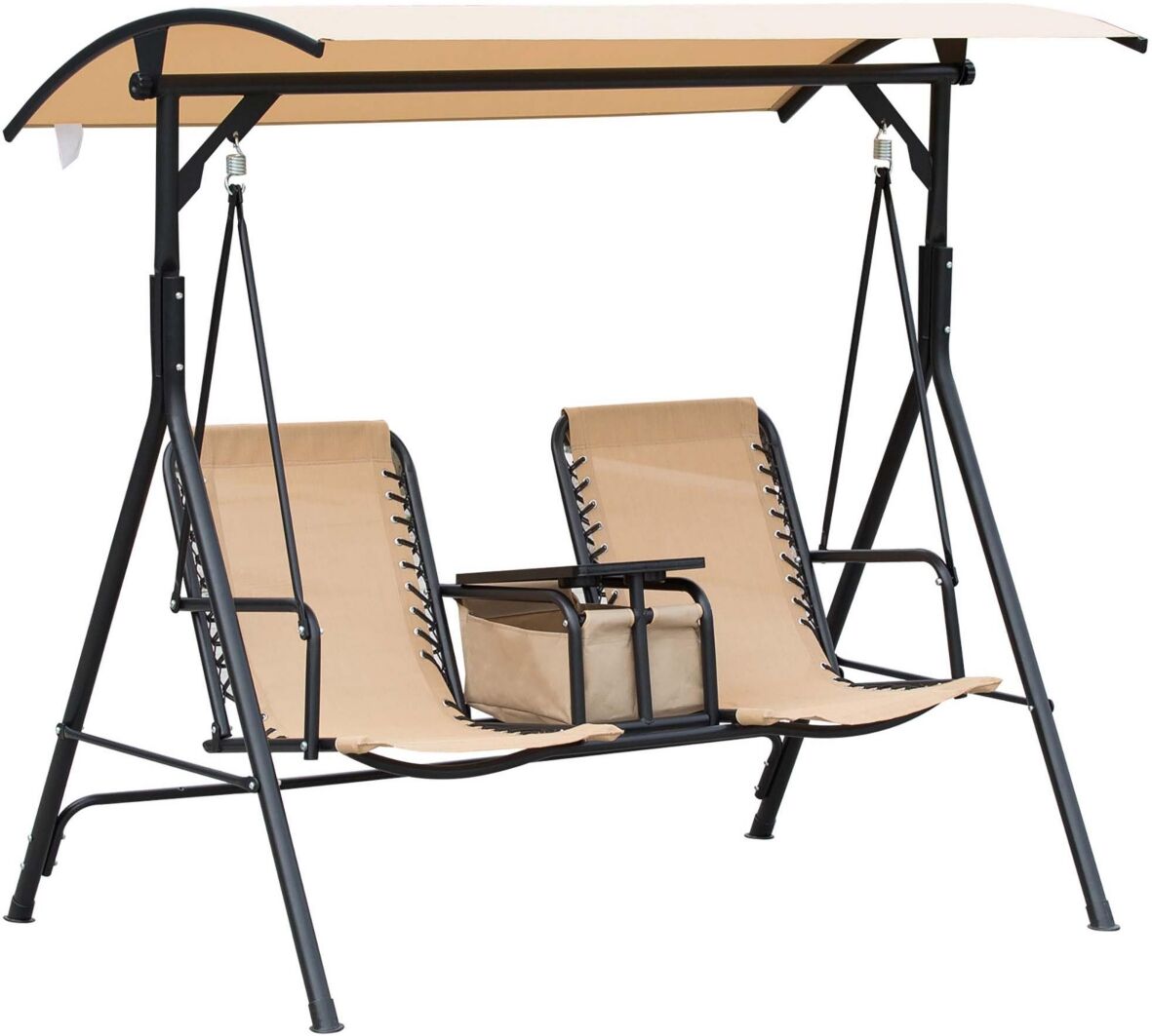 Outsunny 2-Seat Patio Swing Chair, Outdoor Canopy Swing Glider with Pivot Storage Table, Cup Holder, Adjustable Shade, Bungie Seat Suspension and Weat