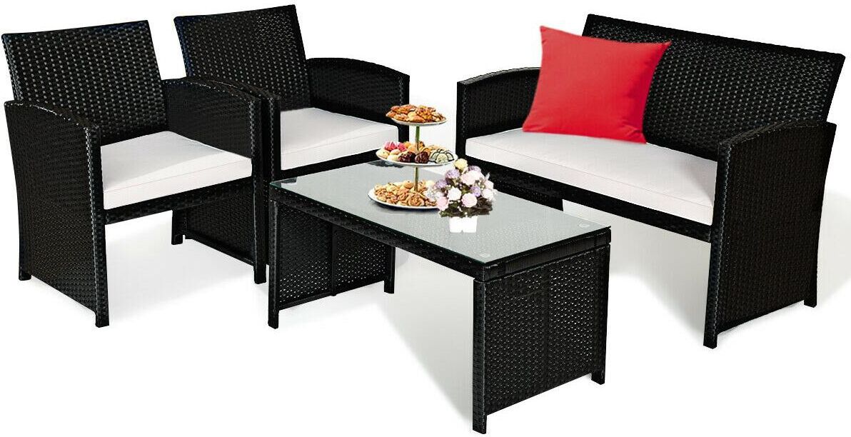 Costway 4PCS Patio Rattan Furniture Conversation Set Cushioned Sofa Coffee Table Garden - Black