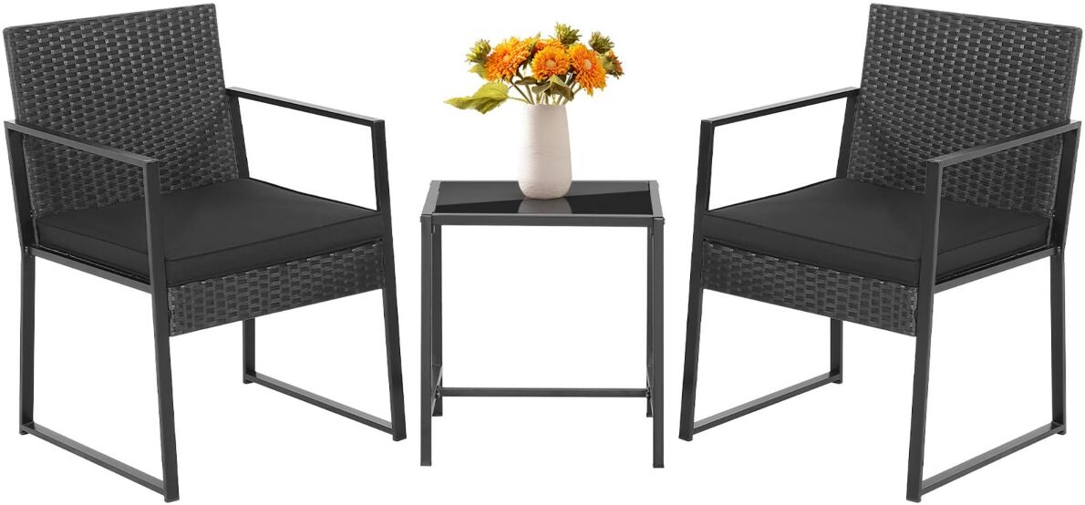 Costway 3pcs Patio Furniture Set Heavy Duty Cushioned Wicker Rattan Chairs Table Outdoor - Black