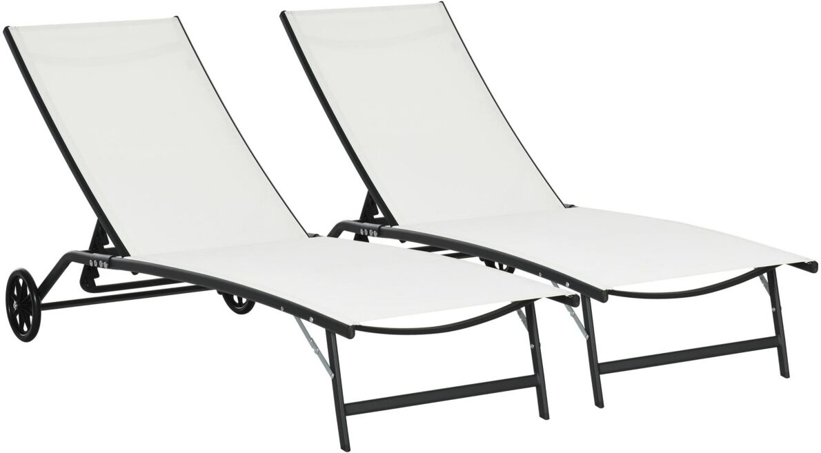 Outsunny Patio Chaise Lounge Chair Set of 2, 2 Piece Outdoor Recliner with Wheels, 5 Level Adjustable Backrest for Garden, Deck & Poolside, Cream Whit