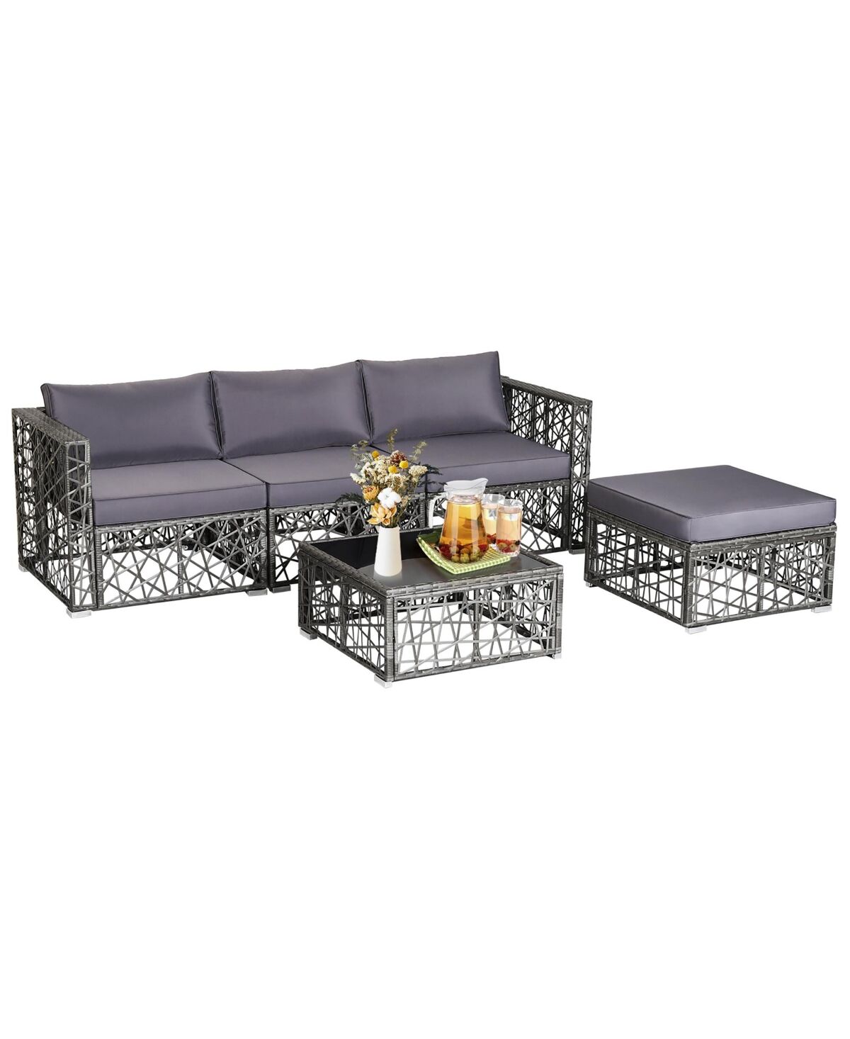 Costway 5 Pieces Patio Pe Rattan Wicker Sofa Furniture Set Cushioned Outdoor - Grey