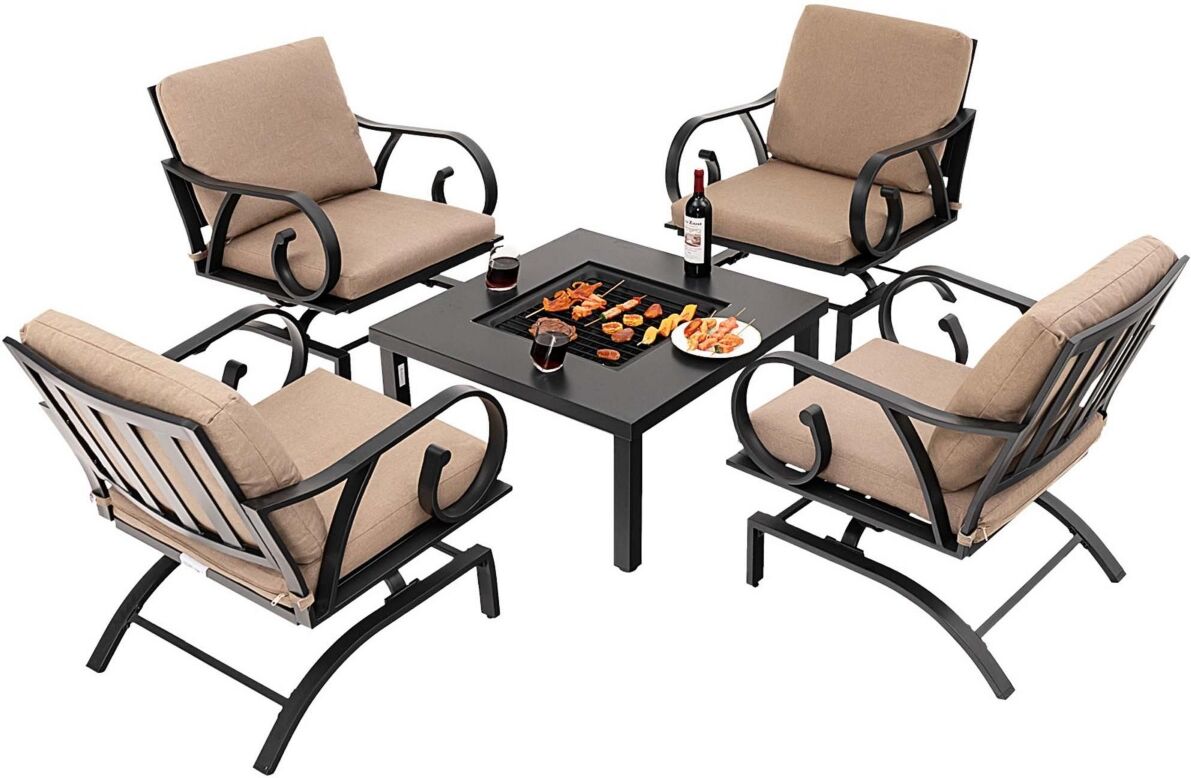 Costway 5pcs Patio Rocking Chairs 4-in-1 Fire Pit Table Heavy-Duty Conversation Outdoor - Brown