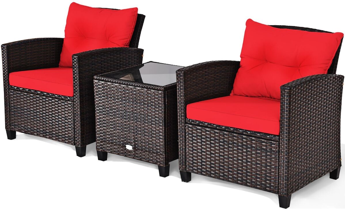 Costway 3PCS Patio Rattan Furniture Set Cushioned Sofa Coffee Table Garden - Red