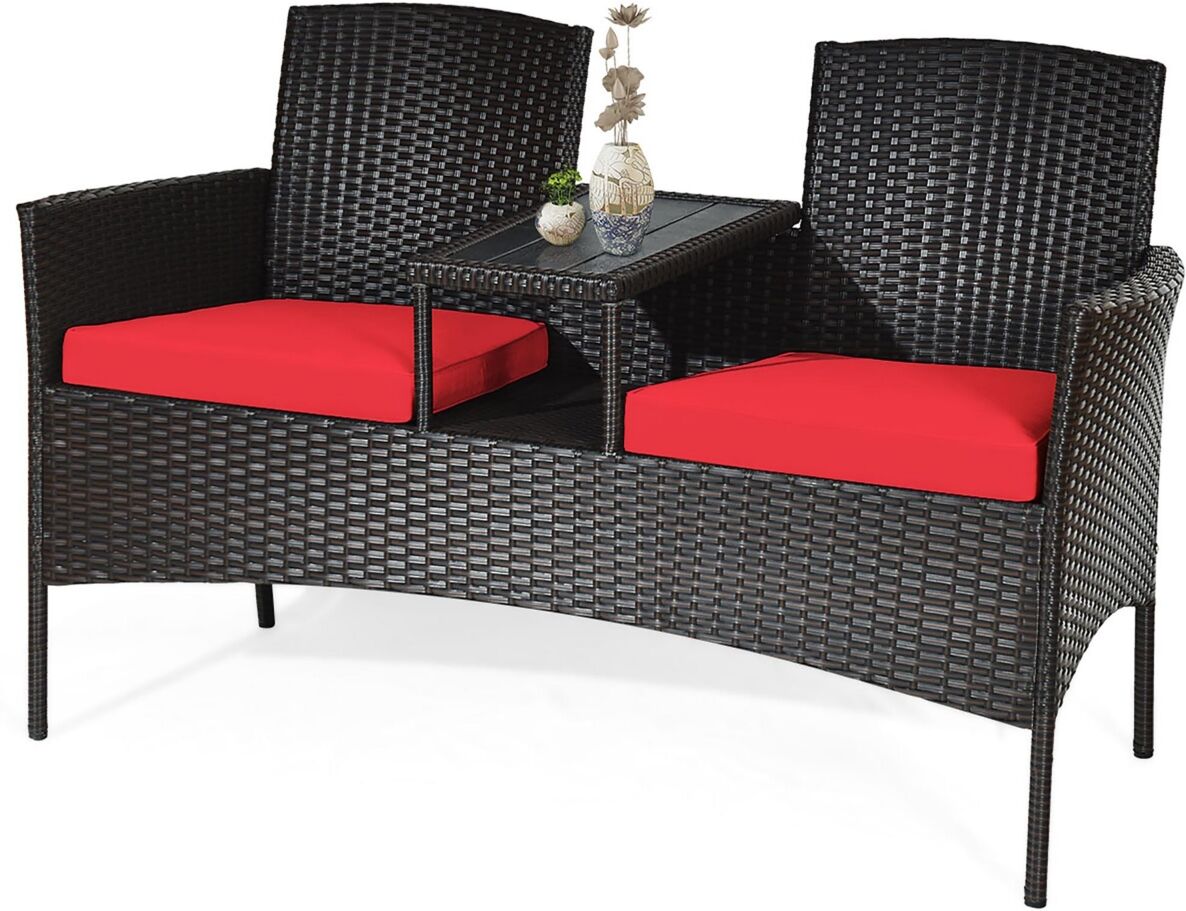 Costway Patio Rattan Loveseat Sofa Cushioned Coffee Table - Red