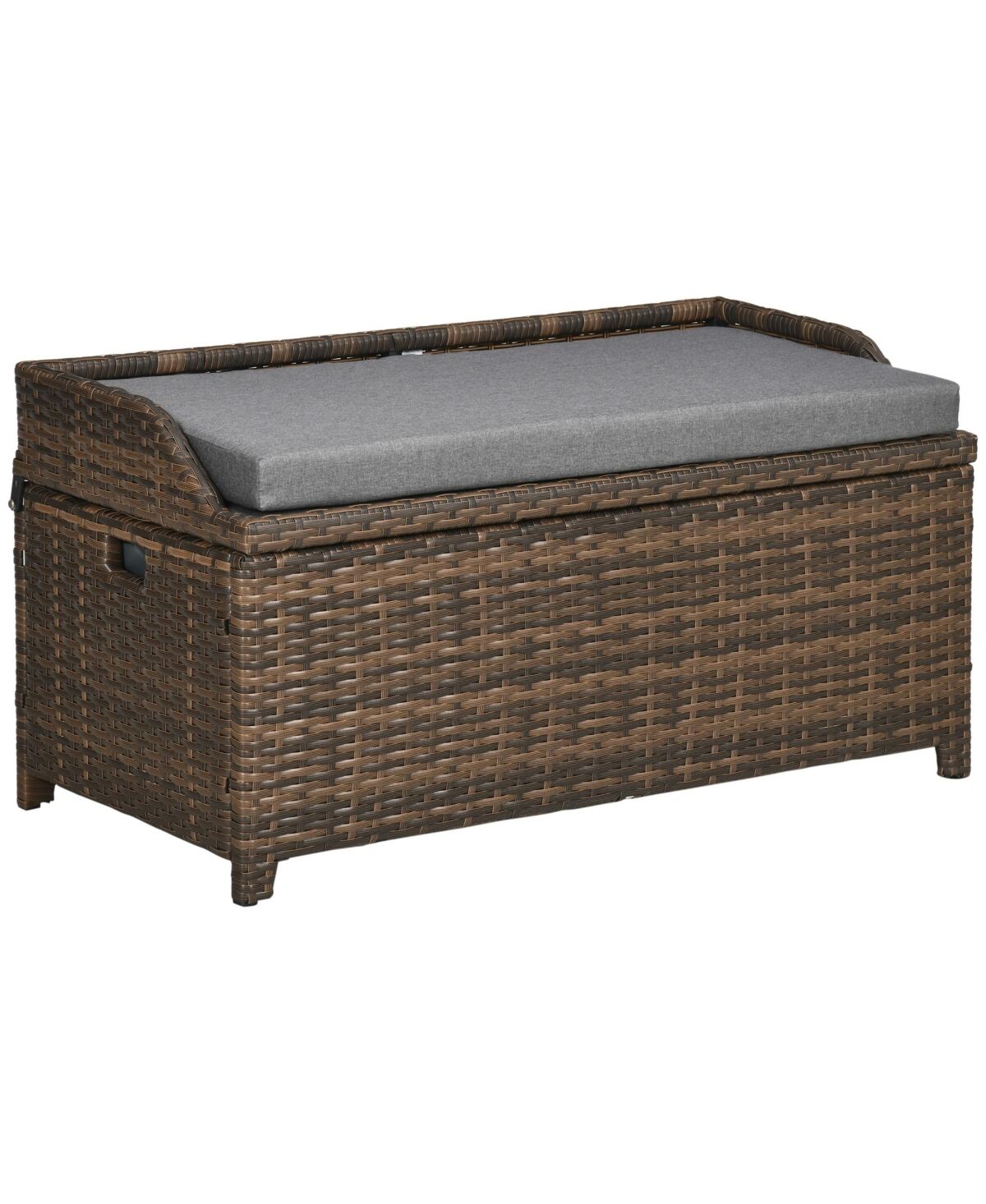 Outsunny Patio Wicker Storage Bench, Cushioned Outdoor Pe Rattan Patio Furniture, Air Strut Assisted Easy Open, Two-In-One Seat Box with Handles Seat,