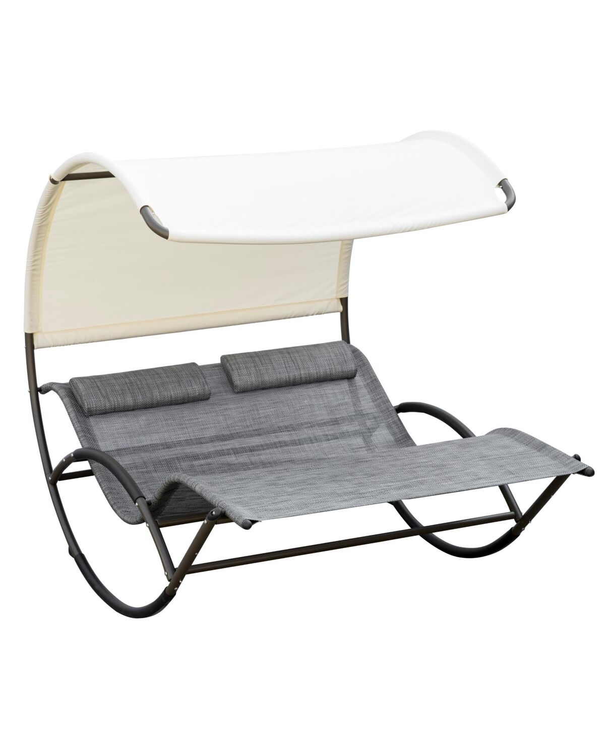 Outsunny Outdoor Double Chaise Rocking Chair, Day Bed Sun Lounger with Canopy Shade, Headrest Pillow, Armrests for Garden, Poolside, Light Gray - Ligh