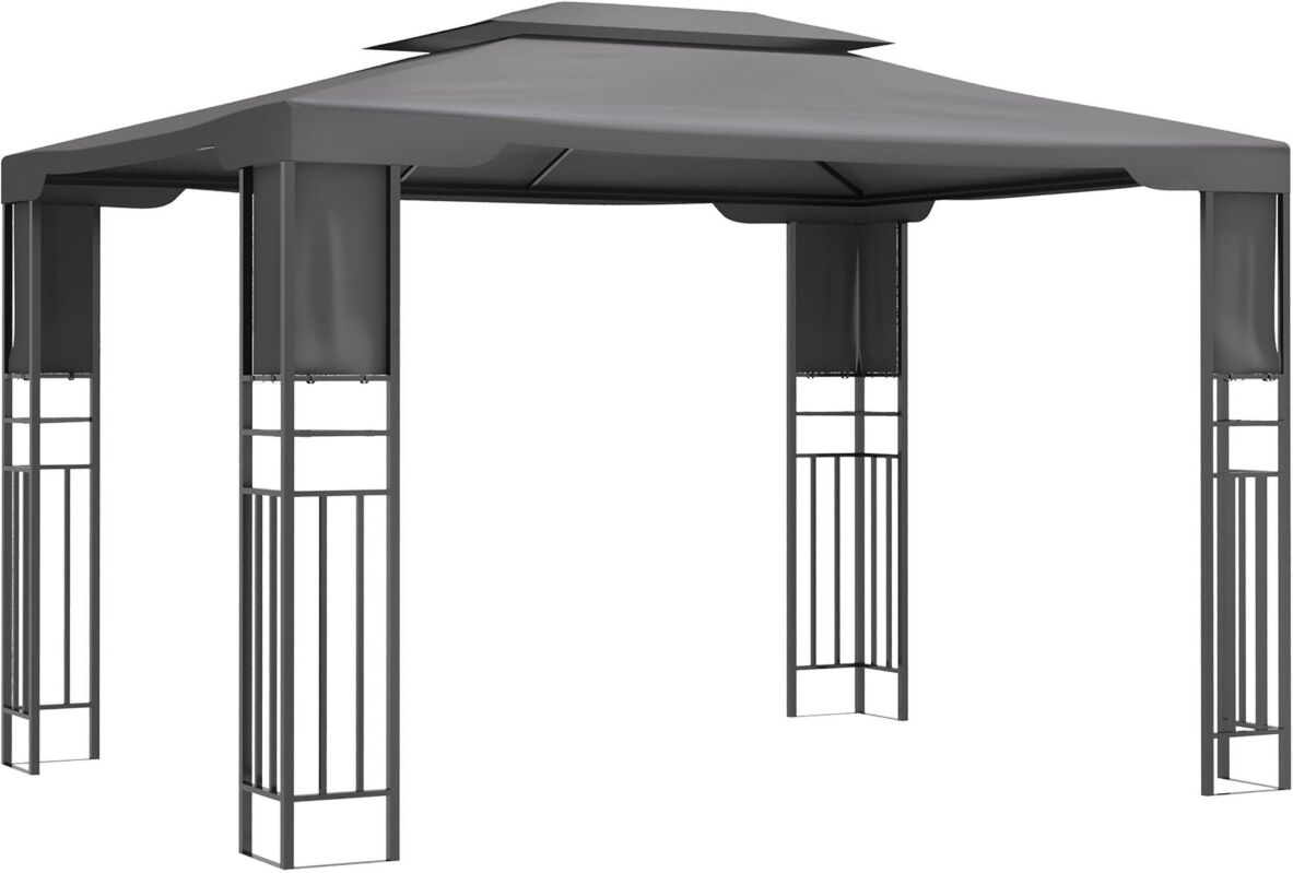 Outsunny 13' x 10' Patio Gazebo Outdoor Canopy Shelter with Double Vented Roof, Storage Shelves, Steel Frame for Lawn, Backyard and Deck, Grey - Grey